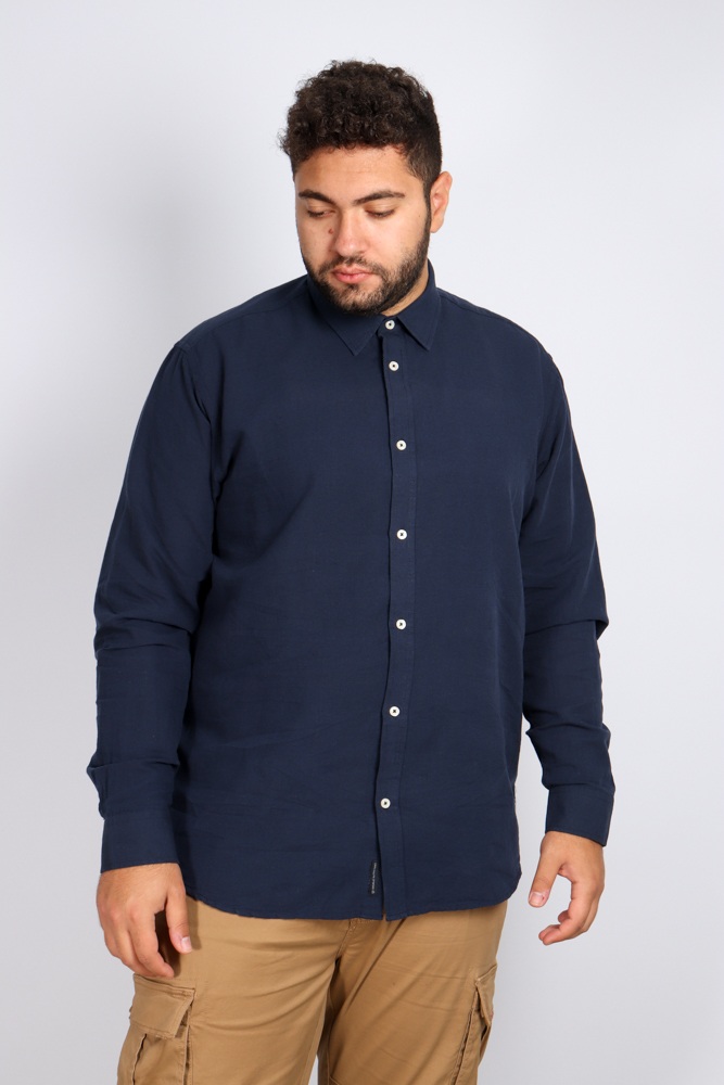 Λινό μονόχρωμο ανδρικό πουκάμισο Linen Shirts Regular Fit - Αν. Μπλε