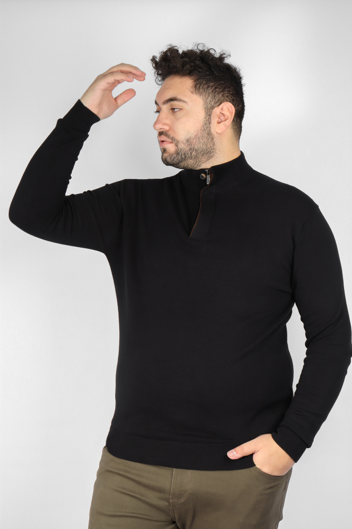 Ανδρική Μπλούζα Πλεκτή Half Zip με Κουμπί Μεγάλα Μεγέθη - Μαύρο