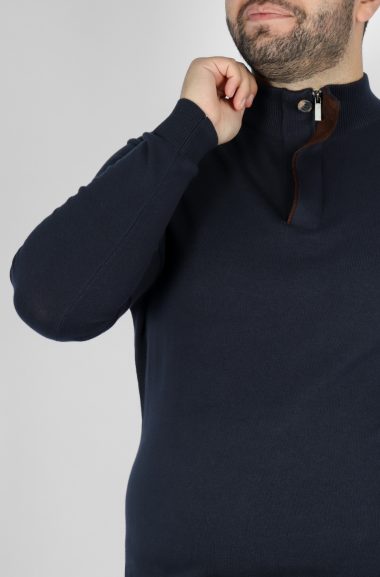 Ανδρική Μπλούζα Πλεκτή Half Zip με Κουμπί Μεγάλα Μεγέθη - Σκ. Μπλε
